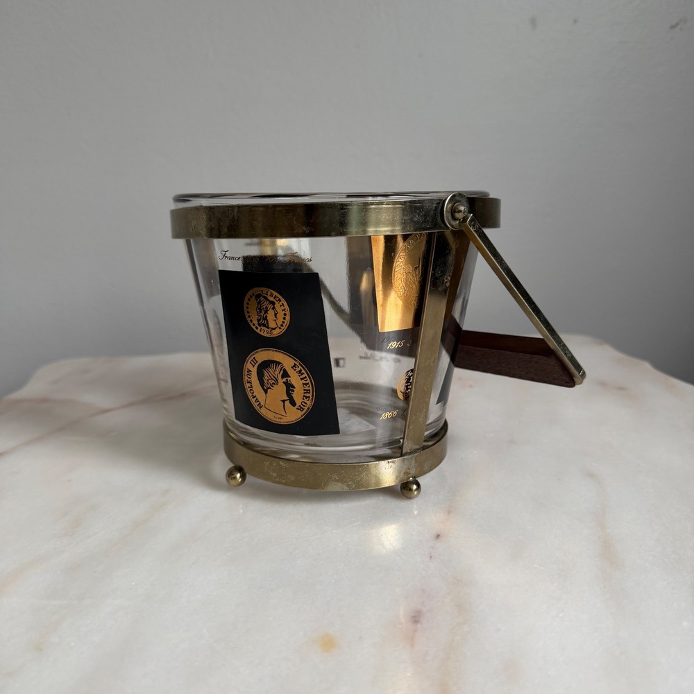 Vintage Mid Century Glass Ice Bucket Coin Motif Gold Black Brass Wood Handle